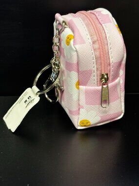 Mini Pink Checkered Daisy Keychain Coin Pouch – Double Zip Small Wallet Bag